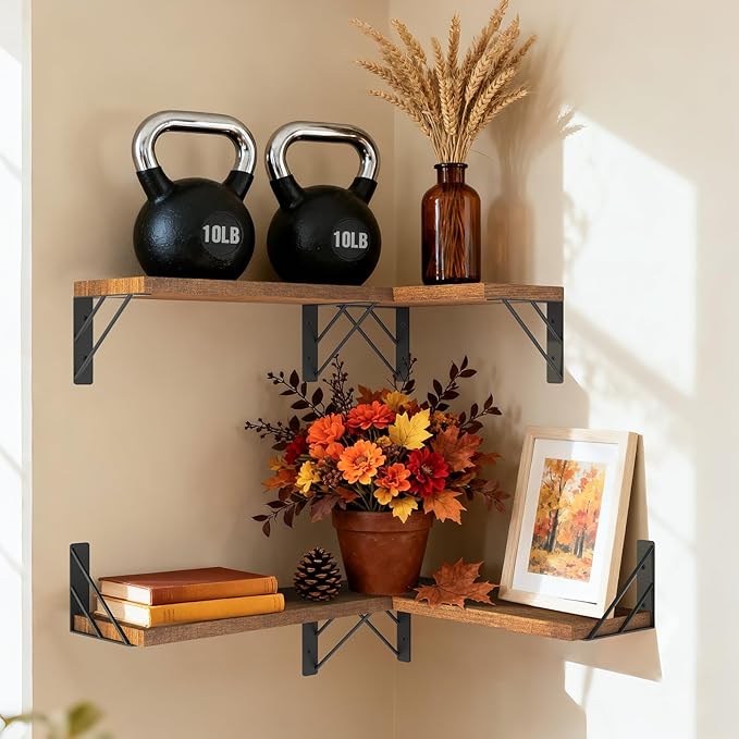 BAYKA Wall Shelves for Bedroom Decor, Floating Shelves for Wall Living Room Kitchen Storage, Mounted Rustic Wood Floating Shelves for Kids Books, Corner Shelf for Bathroom(Rustic Brown,Set of 4)