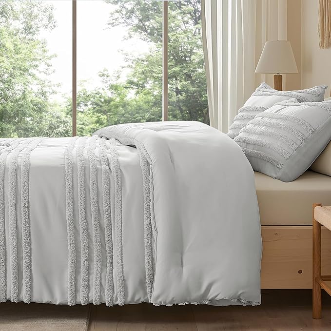 BEDELITE Boho Twin/Twin XL Comforter Set,Light Grey Tufted Striped Bed Set 2 Pieces, Soft Vintage Farmhouse Comforter for College, Boho Home Dorm Decor, Fluffy Jacquard Bedding with 1 Pillow Sham