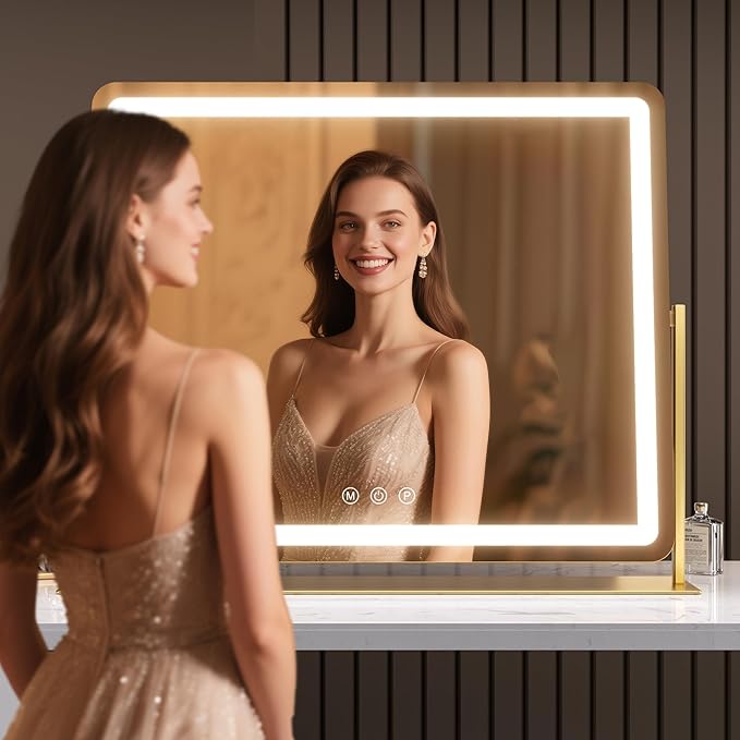 Hasipu Vanity Mirror with Lights, 25" x 21" LED Makeup Mirror, Light up Mirror with 10X Magnification and Phone Holder, USB Charging Port, Smart Touch 3 Colors Dimmable, 360ยฐ Rotation (Gold)