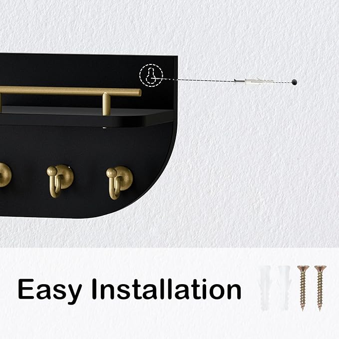 Key Holder for Wall, Decorative Key and Mail Organizer with 3 Metal Hooks and 2 Shelves, Wood Wall Mounted Key Rack for Entryway, Black