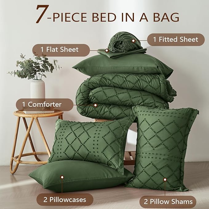 Oliver Green Tufted Comforter Set King Size 7 Piece Bed in a Bag,Shabby Chic Boho Comforter and Sheet Set,All Season Soft Microfiber Complete Bedding Set(Oliver Green,102"x90")