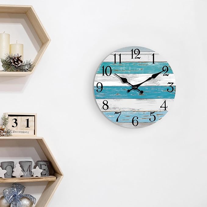 Wall Clock Battery Operated 12 Inch Outdoor Beach Style Blue Coastal Retro Silent Non Ticking Decorative for Bathroom Kitchen Living Room Bedroom