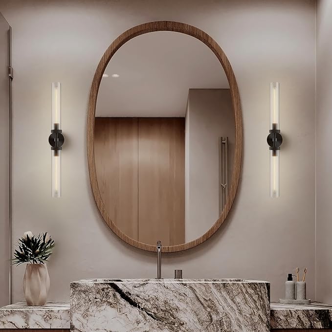 Brass Wall Sconces, 30in Black 2-Light Double Glass Sconces Wall Lighting, Bathroom Knurled Vanity Light Sconces, Wall Lights for Living Room Bedroom(Including Bulb)