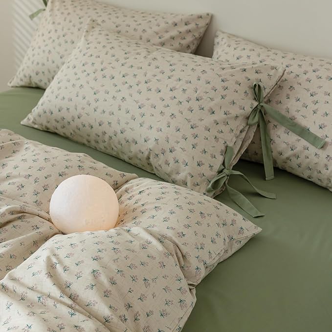 LifeTB Green Floral Duvet Cover Twin XL 3 Pieces Green Blossom Flower Comforter Cover Vintage Floral Cottagecore Bedding Set 100% Cotton Flower Botanical Comforter Cover with 2 Bowknot Pillowcases