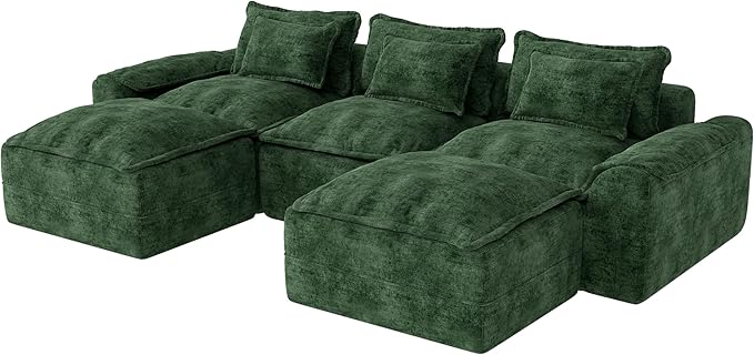Hobestluk 120" Cloud Modular Sectional Couch 3-Seater Sofa with Ottomans U Shaped Couch Deep Seat Sofa with Removable Cover Large Sofa for Living Room (Green, 3-Seater Sofa with Two Ottomans)