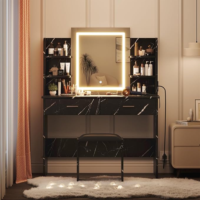 Garvee Vanity Desk with Lights | Tri-Mode LED Lighted Mirror & Charging Station | Makeup Vanity Set with 6 Shelves, 2 Drawers, Soft Cushion Stool | Dimmable Vanity Desk for Bedroom (Marble Black)