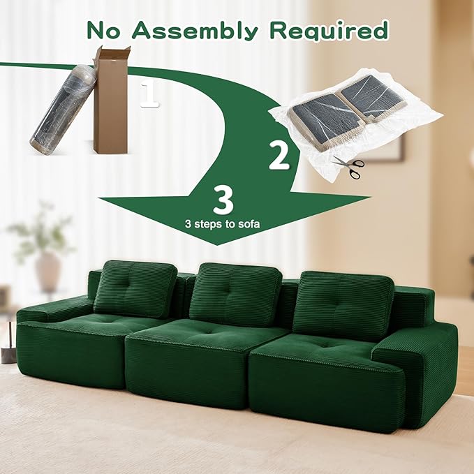 115" Modern Corduroy Cloud Sofa, Boneless Modular Large Sectional Couches for Living Room, Green 3 Seater Compressed Memory Foam Couch, Extra Deep Seat, No Assembly
