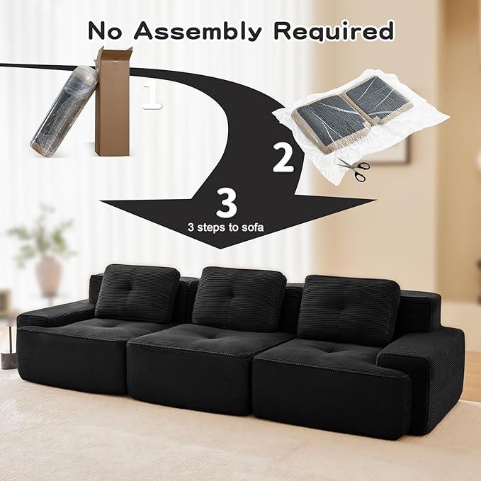 115" Modern Compressed Boneless Couch, 3 Seater Sectional Couches for Living Room, Black Corduroy Cloud Modular Sectional Sofa, Comfy Memory Foam, Extra Deep, Sofas para Sala, No Assembly
