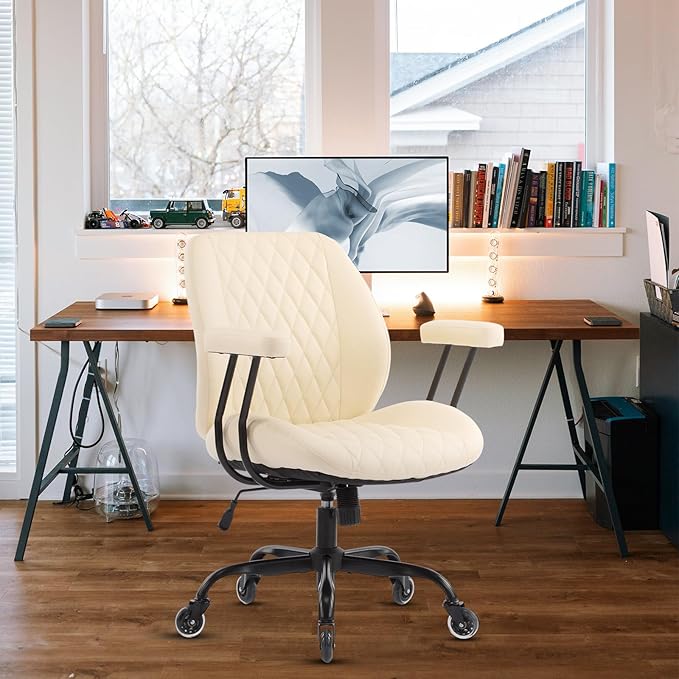 YFO Home Office Desk Chair Office Rubber Casters Ergonomic Computer Chair with Lumbar Support Adjustable Height Rolling Swivel Executive Task Armrests Chair, Cream Leather