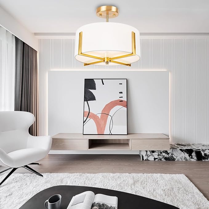 3-Light Semi Flush Mount Ceiling Light Fixture, 13.7" Gold Drum Light with White Fabric Shade, Modern Close to Ceiling Lamp for Living Room Bedroom Dining Room Kitchen Hallway Entry Foyer