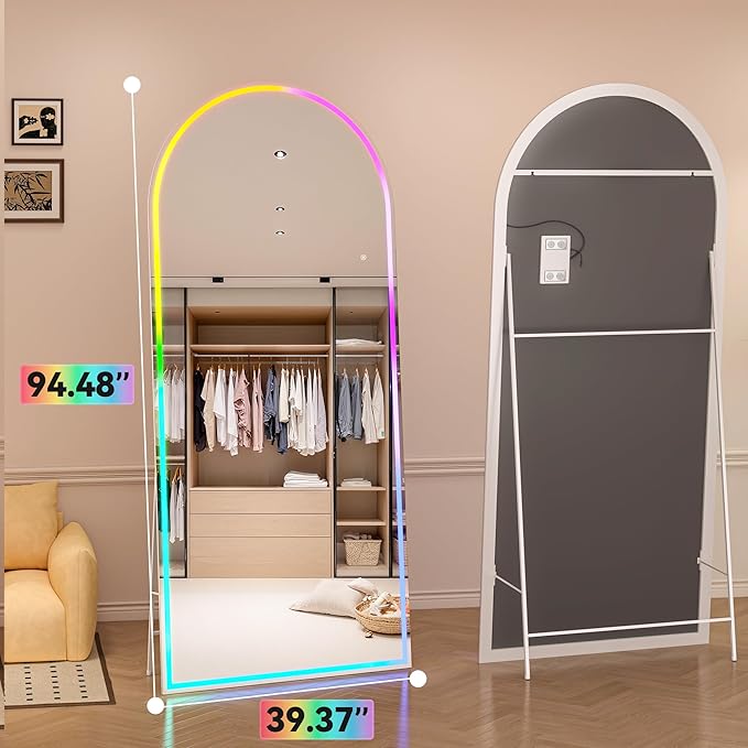 Hasipu 94.4" x 39.3" Arch LED RGB Bluetooth Full Length Mirror with Stand & 7 Color Lighting Modes, Full Body Mirror with White Frame for Bedroom, Living Room, Dressing Room