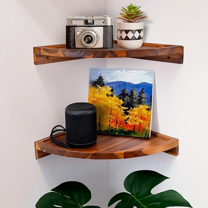Demigo Floating Round Corner Shelves for Wall 2pcs - Acacia Wood Wall-Mounted Storage Shelves for Home Decor, Space Saving Displays for Living Room, Kitchen, Office, and Bedroom (Natural Brown)