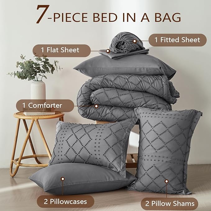 Dark Grey Tufted Comforter Set Queen Size 7 Piece Bed in a Bag,Shabby Chic Boho Comforter and Sheet Set,All Season Soft Microfiber Complete Bedding Set(Dark Grey,90"x90")
