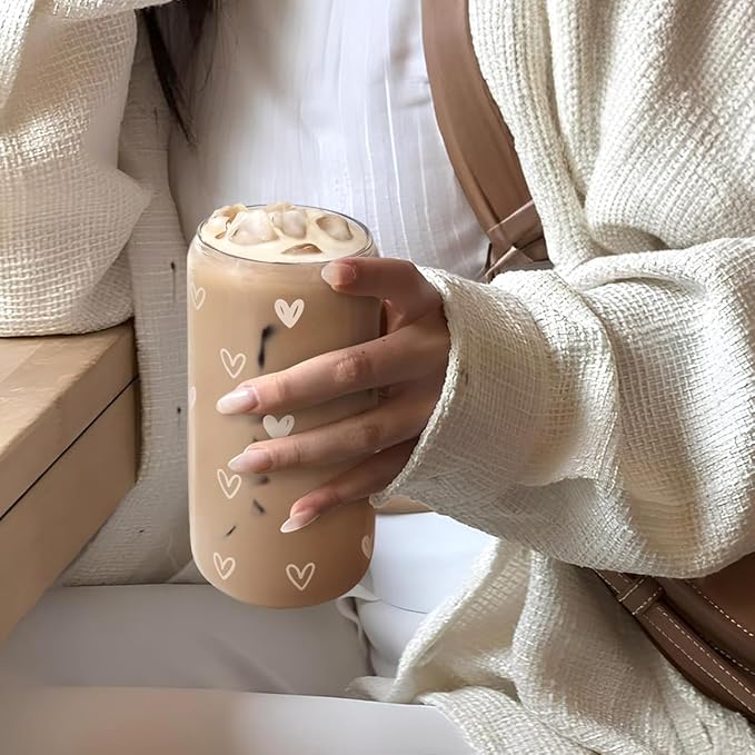 Heart 16oz Can Glass Tumbler with Acrylic Lid & Straw, Iced Coffee Cup for Women, Aesthetic Cups Gifts for Birthday Christmas Valentine