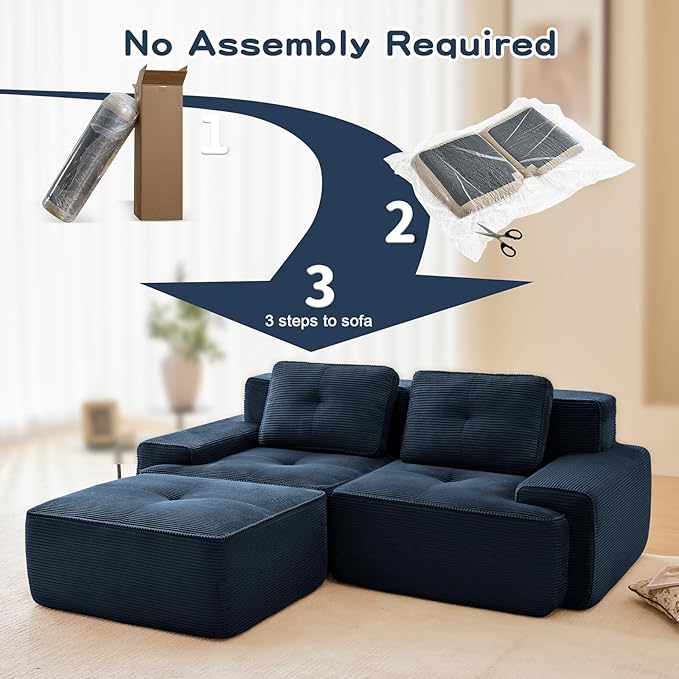 80" Modern Compressed Boneless Love Seat Couches with 1 Ottoman, 2 Seater Large Sectional Couches for Living Room, Blue Corduroy Cloud Modular Sectional Sofa, Memory Foam, Deep Loveseat, No Assembly