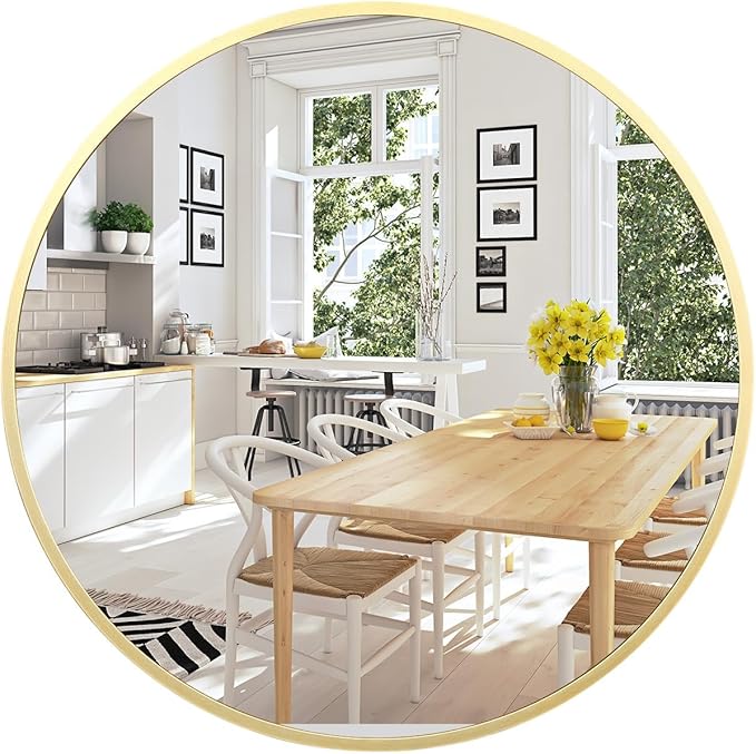 32 Inch Golden Circle Wall Mirror, Modern Round Metal Framed Mirror for Bathroom, Entryway, Living Room, Bedroom, Dining Room, Hallway, Decorative Home Décor, Easy Mount