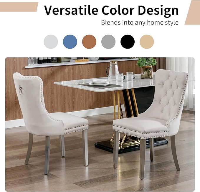 Luxury Upholstered Dining Chairs Set of 8, Grey Kitchen Chair with Silver Metal Legs, Velvet Tufted Back Dining Chair, Sillas de Comedor, Modern Kitchen & Dining Room Chairs (Gray, 8 Pcs)
