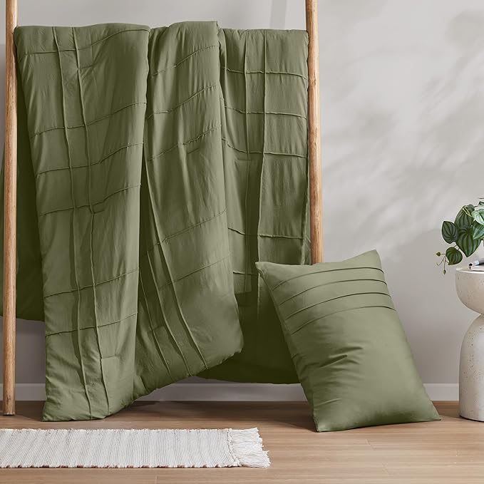 Comfort Spaces Olive Green Twin Size Comforter Set - 2 Pieces Pintuck Pleated Bedding Sets, All Season Lightweight, Extra Softness Pre-Washed Microfiber Twin Bed Set, Shams, Twin