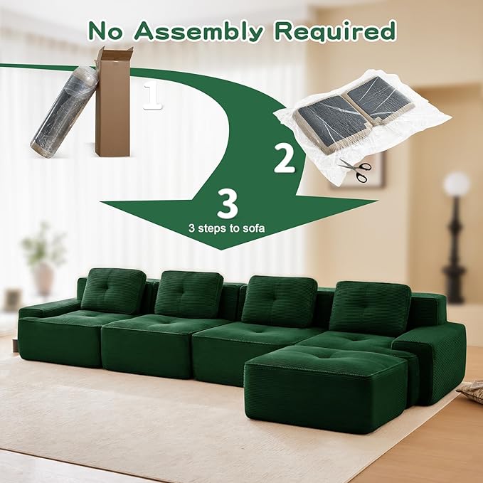150" Modern Corduroy Cloud Sofa with Ottoman, L Shaped Boneless Modular Large Sectional Couches for Living Room, Green 4 Seater Compressed Memory Foam Couch, Extra Deep Seat, No Assembly