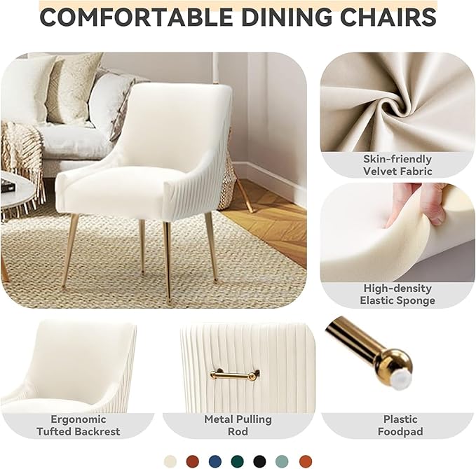Dining Chairs, Accent Chairs Set of 2, Modern Upholstered Kitchen Dining Room Chairs with Gold Legs, Fabric Tufted Velvet Living Room Chairs for Reception Room Bedroom Guest Room (Beige)