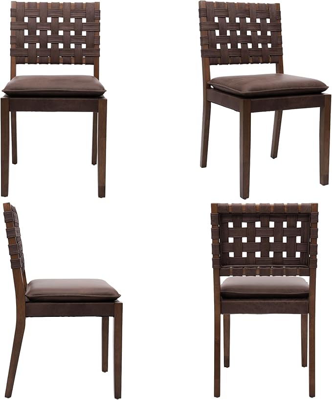 Woven Faux Leather Dining Chairs Set of 6, Farmhouse Upholstered Kitchen Chairs with Wooden Legs Armless Accent Side Chairs for Dining Room/Restaurant, Brown