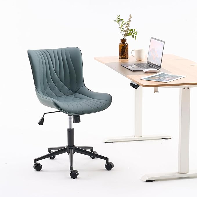 YOUNIKE Office Chair Armless Desk Chair with Wheels, Home Office Computer Task Chair, Modern Faux Leather Upholstered Vanity Chair, Adjustable Swivel Rolling Office Chairs, Slate Blue