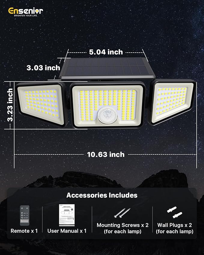 Ensenior Motion Sensor Outdoor Lights, 220 LED IP65 Waterproof Solar Security Light with Remote Control, 3 Heads Solar Flood Light Outdoor with 4 Modes, 270° Wide Angle Motion Light for Outside -4Pack