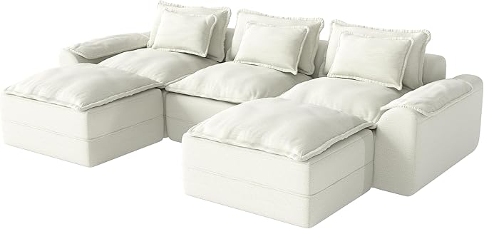Hobestluk 120" Cloud Modular Sectional Couch 3-Seater Sofa with Ottomans U Shaped Couch Deep Seat Sofa with Removable Cover Large Sofa for Living Room (Beige, 3-Seater Sofa with Two Ottomans)