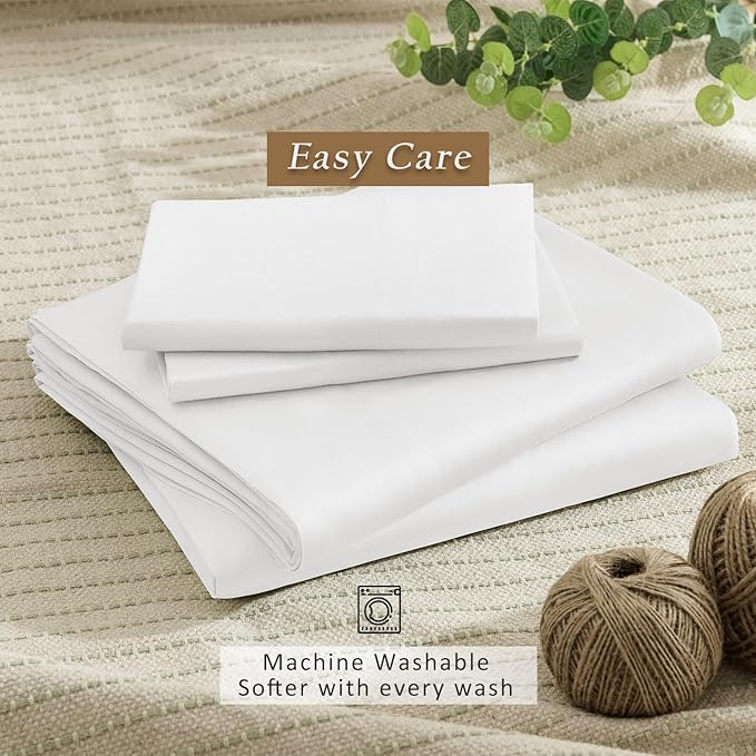 TOSMO Luxury Cooling Sheet Set - 100% Viscose from Bamboo, 3-Piece Bedding Set (Twin Size) - 18” Extra Deep Pockets, Oeko-Tex Certified, Silky Soft and Breathable, Classic White