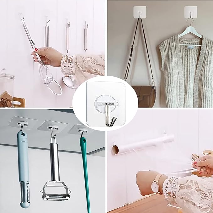 100 Pack Adhesive Hooks Wall Hooks 24lb(Max) Heavy Duty Self Adhesive Hooks,Transparent Reusable Adhesive Wall Hooks for Hanging for Kitchens, Bathroom, Office