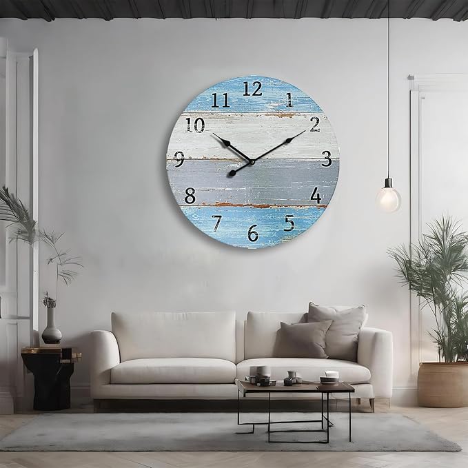 Large Wall Clock for Living Room Decor,24 Inch Blue Round Wood Clock for Bedroom,Coastal Vintage Rustic Clock for Farmhouse Kitchen