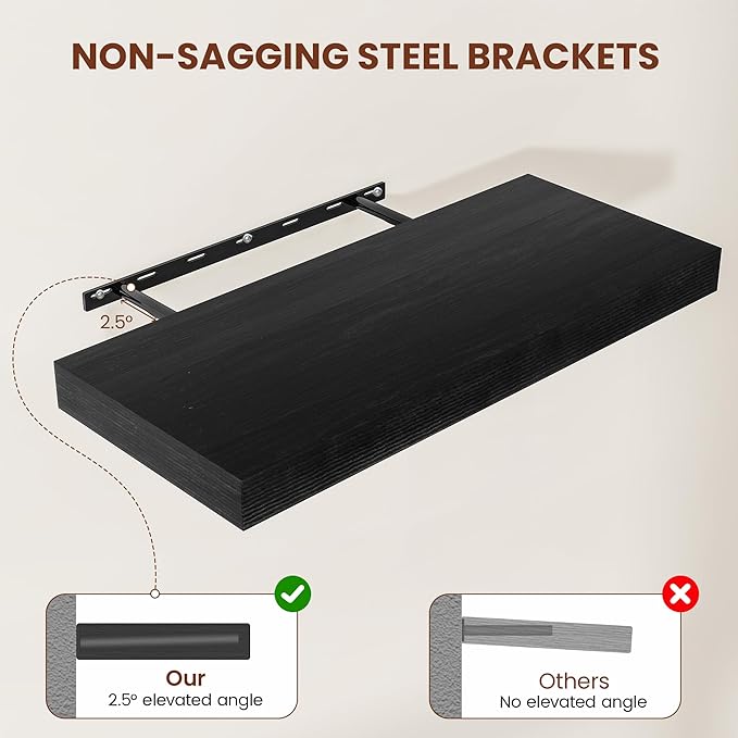 Vivelove 2 inch Thick Floating Shelves for Wall 55 Inches Long, 12" Deep Wall Shelves, for Bedroom, Bathroom, Living Room, Kitchen, Office, Modern Home Decor, 48" X 12" X 2", Set of 2, Black