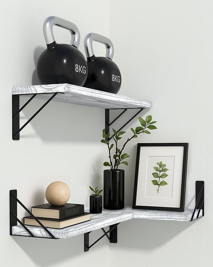 BAYKA Wall Shelves for Bedroom Decor, Floating Wall Shelves for Living Room Kitchen Storage, Mounted Rustic Wood Floating Shelves for Kids Books,Corner Shelves for Bathroom(Gray White,Set of 3)