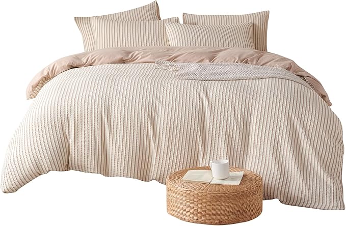 King Comforter Set Striped Beige 100% Soft Washed Microfiber Jacquard 3 Pieces King Striped Bedding Sets Beige White Comforter for All Seasons and 2 Pillowcases Comfort Breathable