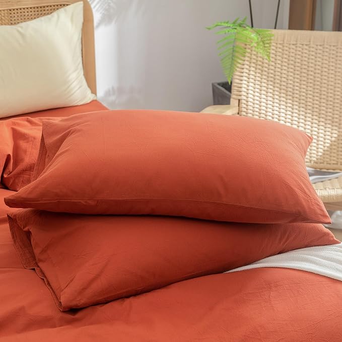 BESTOUCH Duvet Cover Set 100% Washed Cotton Linen Feel Super Soft Comfortable Chic Lightweight 3 PCs Home Bedding Set Solid Burnt Brick Red Full/Double
