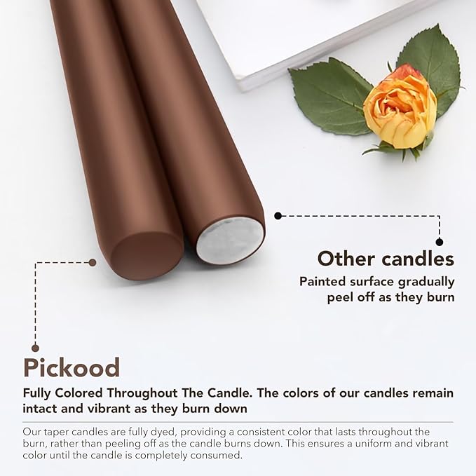 New Burning Formula Unscented Dripless 10-Inch Taper Candles Set of 12 - Cocoa Brown, for Wedding, Dinner - Smokeless, Long Burning - Hand Poured, Colored Tall Candlesticks - Marrón Cacao