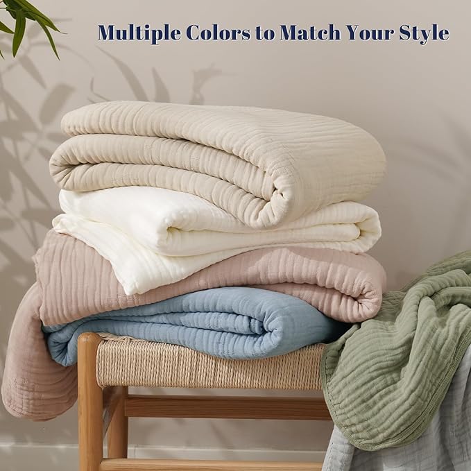 PHF Cooling Muslin Blanket Queen Size 90"x80", 6-Layer Lightweight Gauze Blanket Made from 35% Rayon Derived from Bamboo & 65% Cotton, Breathable & Ultra Soft Cozy, Aesthetic Home Decor, Dusty Blue
