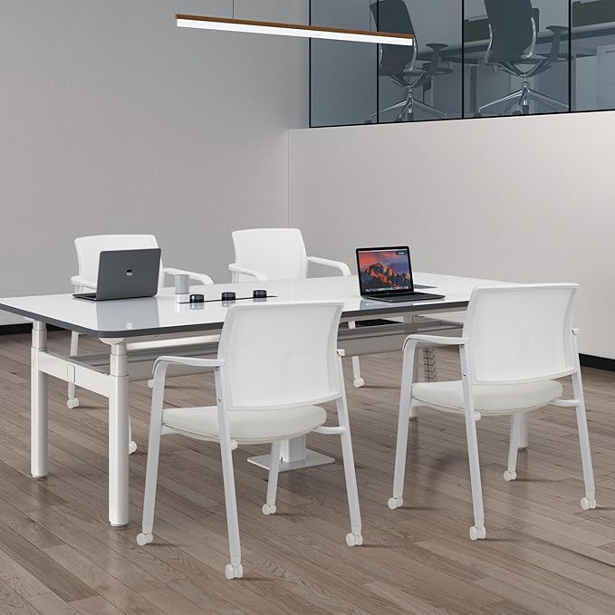 CLATINA Stacking Office Chairs with Wheels | Mesh Back, Thicken Leather Seat and Streamline Armrests, Ergonomic Lumber Support | School, Desk, Guest Reception, Waiting, Conference | Set of 4, White