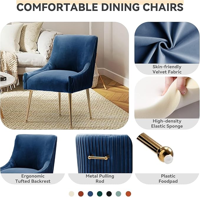 Dining Chairs, Accent Chairs Set of 6, Modern Upholstered Kitchen Dining Chairs with Gold Legs, Fabric Tufted Velvet Living Room Chairs for Reception Room Bedroom Kitchen(Navy Blue)