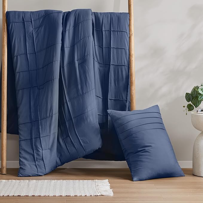 Comfort Spaces Navy Twin Size Comforter Set - 2 Pieces Pintuck Pleated Bedding Sets, All Season Lightweight, Extra Softness Pre-Washed Microfiber Twin Bed Set, Shams, Twin