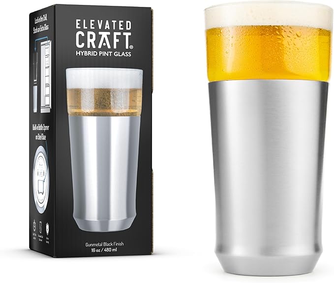 Elevated Craft Hybrid Vacuum Insulated Stainless Steel Base with Removable Pint Glass Insert, Ideal Insulation for Beers & Cold Beverages with Built-in Bottle Opener, Durable & Stylish, Steel (16 oz)