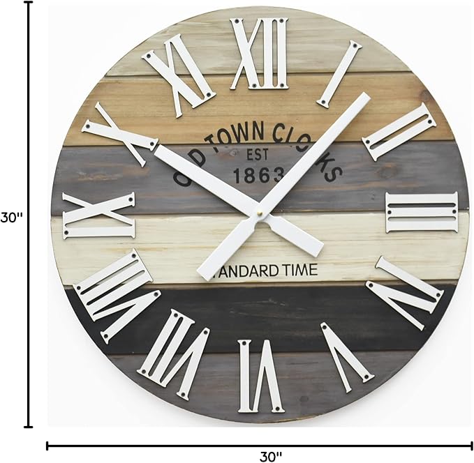 30" Wooden Multi-Color Maritime Coastal Beach Large Roman Wall Clock (Grey, 30 inch)