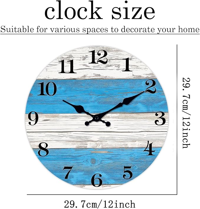 XNM Small Wood Wall Clocks Battery Operated 12 Inch Blue and White Nautical Wall Clock for Bedroom Silent Wall Clock (No Solid Wood, It is with MDF Material)