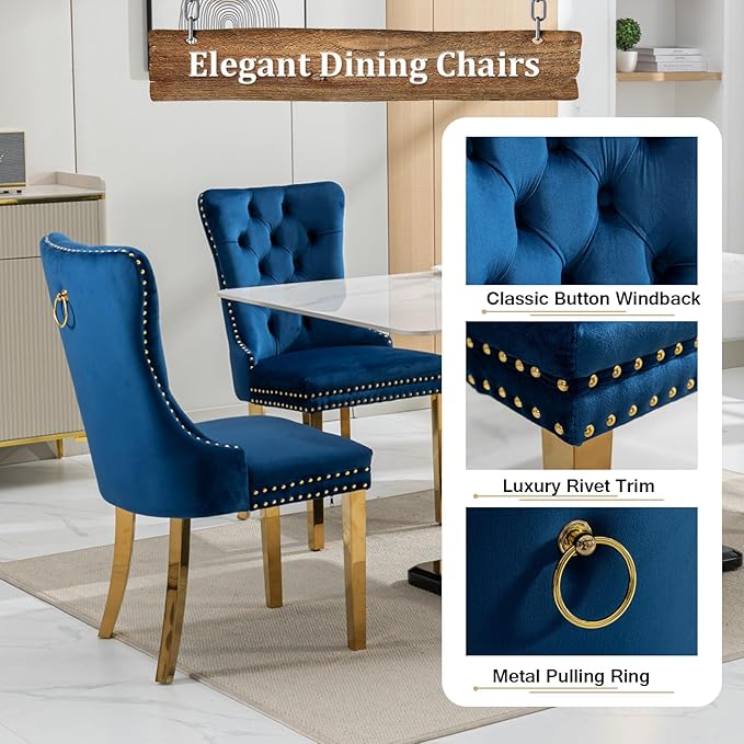 70" Modern Gold Glass Dining Table Set for 6, 7-Piece Rectangle Kitchen Dining Room Table Set with Steel Base & 6 Blue Velvet Upholstered Chairs, Modern Glass Kitchen Table and Chairs Set of 6