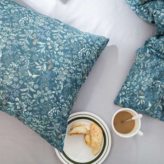Vintage Floral Duvet Cover Small Blue Flower Duvet Cover Full Size Garden Style Floral Comforter Cover 100% Cotton Aesthetic Cottagecore Bedding Set Flower Botanical Comforter Cover with Zipper Ties