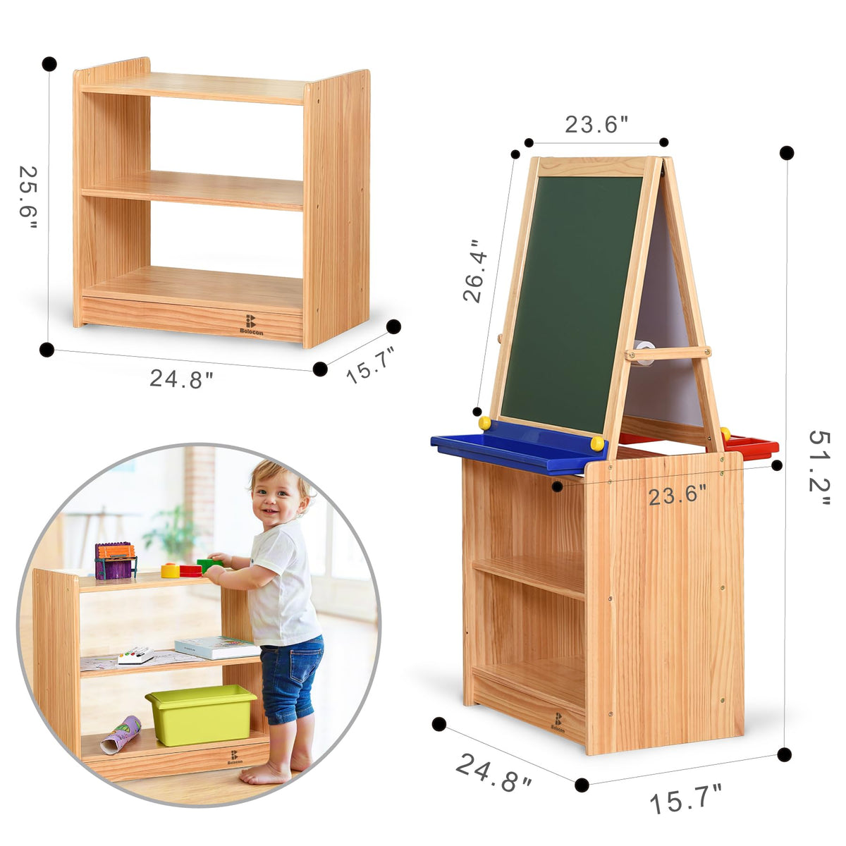 Bolocon Wooden Kids Double-Sided Magnetic Art Easel w/ 2-Tier Storage Shelf