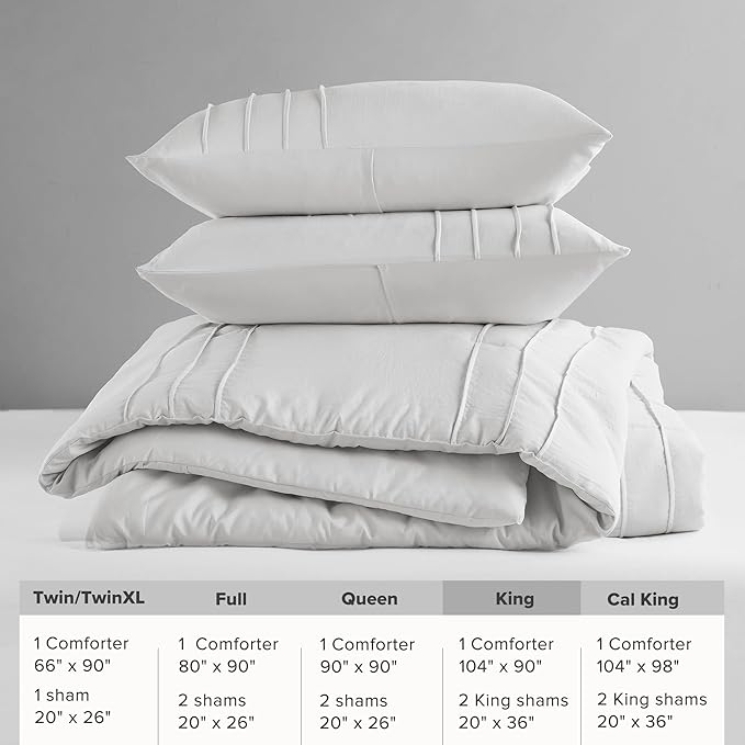 Comfort Spaces Silver King Size Comforter Set - 3 Pieces Pintuck Pleated Bedding Sets, All Season Lightweight, Extra Softness Pre-Washed Microfiber King Bed Set, Shams, King