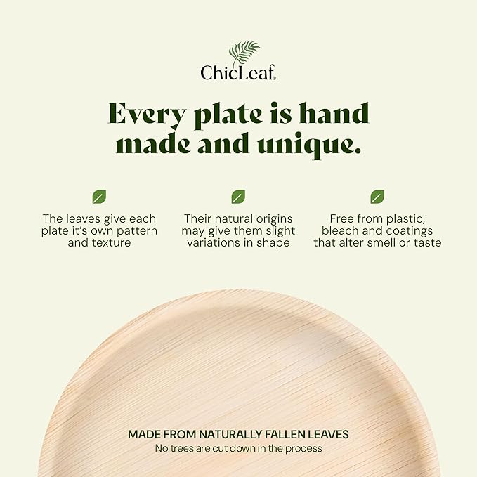 Chic Leaf Palm Leaf Plates - 9" Round - 50 Pack of 100% Compostable, Biodegradable & Disposable Bamboo Plates – Heavy Duty, Sturdy Paper Alternative for Christmas Meal, Wedding Desserts & Events