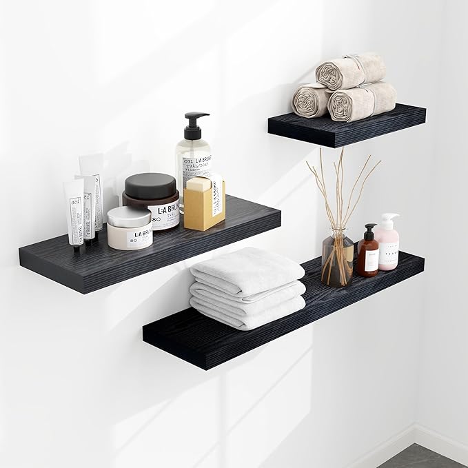 Fun Memories Deep Floating Shelves - 16" W x 9.3" D x 1.6" H Rustic Black Wall Shelf - Wall Mounted Shelves for Storage - Wooden Shelves with Invisible Brackets for Living Room, Farmhouse - Set of 2