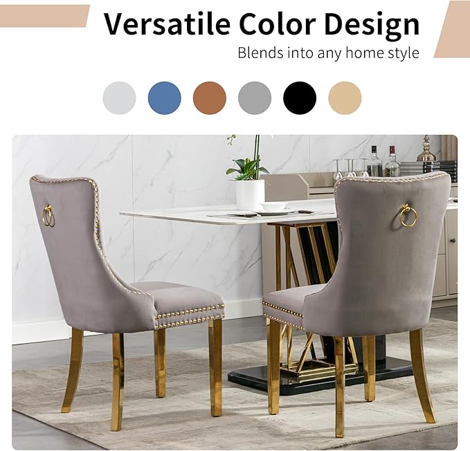 Luxury Upholstered Dining Chairs Set of 2, Grey Kitchen Chair with Golden Metal Legs, Velvet Tufted Back Dining Chair, Sillas de Comedor, Modern Kitchen & Dining Room Chairs (Gray, 2 Pcs)